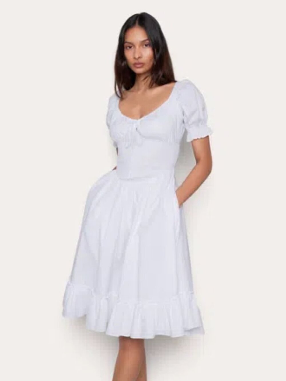 Danielle Guizio Luciana Puff Sleeve Poplin Midi Dress in White